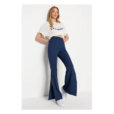 Trendyol Navy Blue Tkané kalhoty s vysokým pasem Flare Up