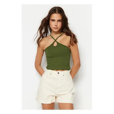 Trendyol Khaki bezešvý přiléhavý crop top detaily na rukávech