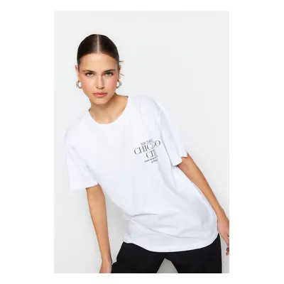 Trendyol White 100% Cotton Front and Back City Printed Boyfriend Crew Neck Knitted T-Shirt