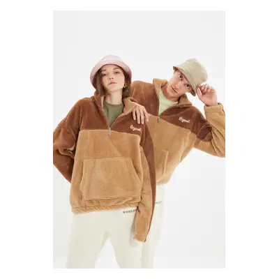 Trendyol Camel Unisex Oversize / Wide-Fit High Neck Color Block Teplá plyšová mikina s minimální