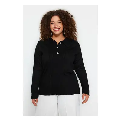 Trendyol Curve Black Polo Collar Button Closure Knit Sweater