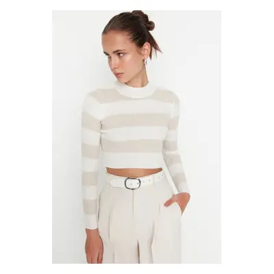 Trendyol Ecru Crop Couple Cotton Color Block Knit Sweater