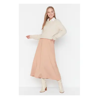 Trendyol Beige High Waist Knitted Skirt With Button Closure