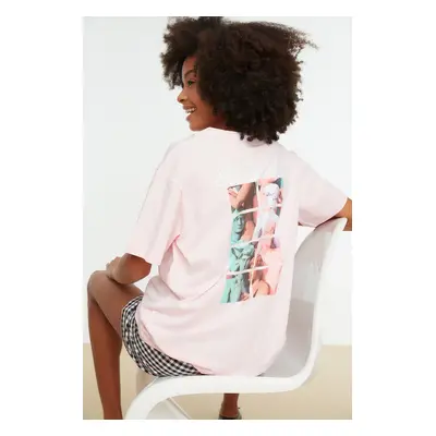 Trendyol Pink 100% Cotton Back Printed Boyfriend Fit Crew Neck Knitted T-Shirt