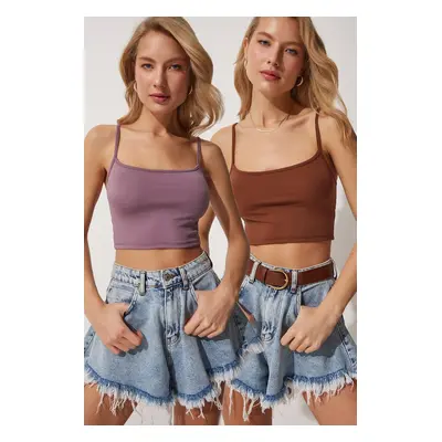 Happiness İstanbul Dámský Lila Hnědý 2-Pack Pásky Pletený Crop Bustier Top