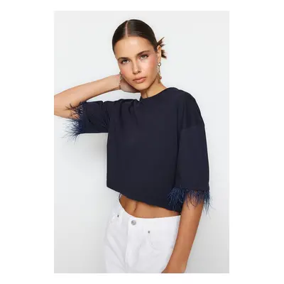 Trendyol Navy Blue 100% Cotton Crop Detail Crop Crew Neck Knitted T-Shirt