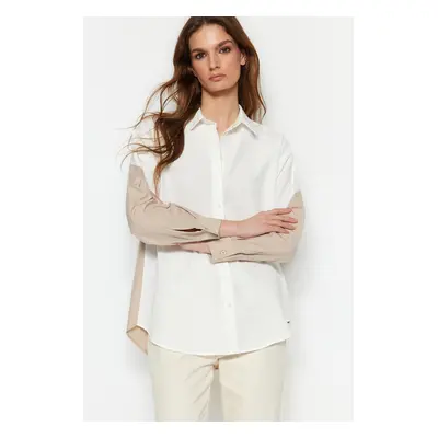 Trendyol Ecru Color Block Boyfriend Wide Fit Woven Shirt