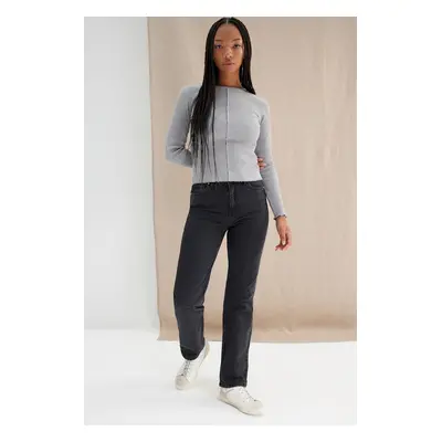 Trendyol Gray Melange More Sustainable Corduroy Fitted/Simple Knitted Blouse with Stitching