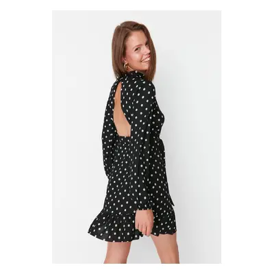 Trendyol Black Flounce and Decollete Decollete Skater/Waist Printed Ribbed Mini Knitted Dress