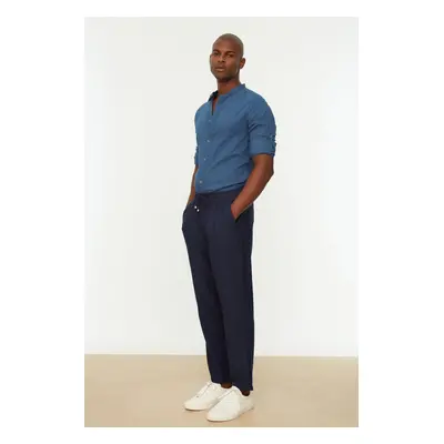 Trendyol Navy Blue Tapered Elastic Waist Tied Linen Look Trousers