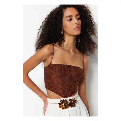 Trendyol Brown Crop Lined Corset Detailed Knitted Lace Bustier