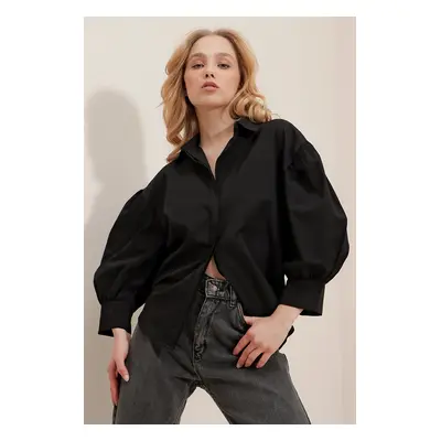 Trend Alaçatı Stili Women's Black Balloon Sleeve Basic Poplin Shirt