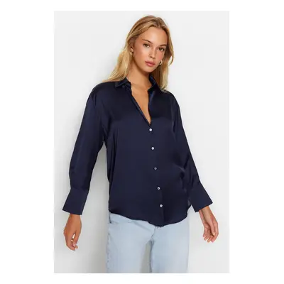 Trendyol Navy Blue Oversize/Cream Satin Woven Shirt