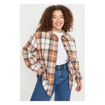 Trendyol Curve Brown Plaid Long Sleeve Oversize Winter Woven Shirt