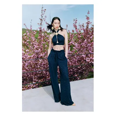 Trendyol X Zeynep Tosun Navy Blue Belted Lurex Knitted Trousers