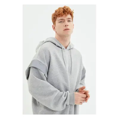 Trendyol Grey Oversize/Wide Cut Hooded Reflective Detailed Fleece/Warm Sweatshirt