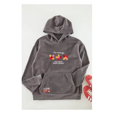 Trendyol Anthracite Oversize/Wide Cut Hooded Embroidered Anti-pilling Fleece Sweatshirt