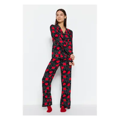 Trendyol Black Heart Viscose Shirt-Pants Woven Pajamas Set