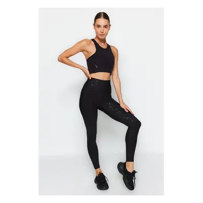 Trendyol Black Recovery Shiny Fabric Detailní pletené sportovní legíny po celé délce