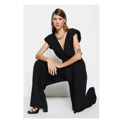 Trendyol Black V Neck Belted Knitted Jumpsuit