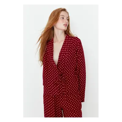 Trendyol Burgundy Heart Pattern Viscose Woven Pajamas Set with Lace-Up Detail