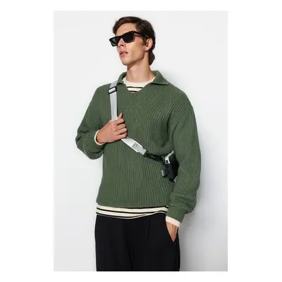 Trendyol Green Casual Unisex Regular Fit Polo Collar Non-Pilling Knitwear Sweater