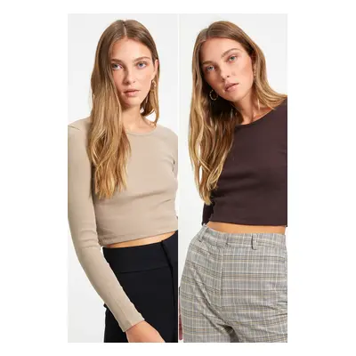 Trendyol Brown-Beige 2-Pack Fitted Wide Neck Ribbed Stretchy Crop Knitted Blouse