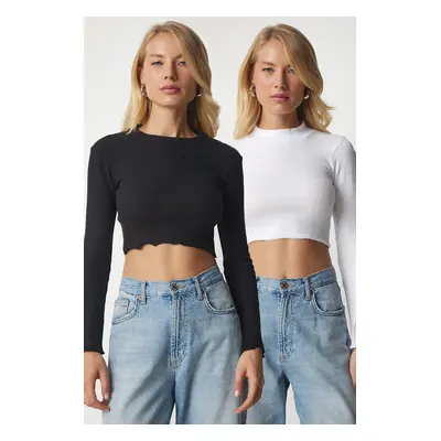 Štěstí Istanbul Dámský bílý černý manšestrový 2-balení svetr crop top