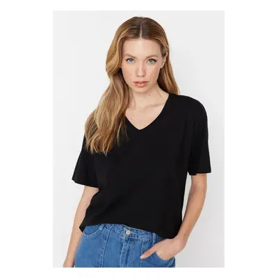 Trendyol Černé 100% Bavlněné Boyfriend V-Neck Pletené Tričko