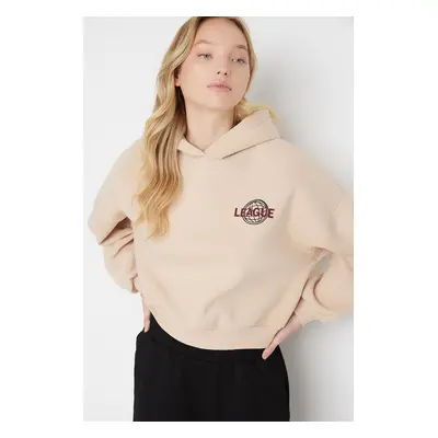 Trendyol Beige Back Print Detailed Hooded Thick Fleece Knitted Sweatshirt