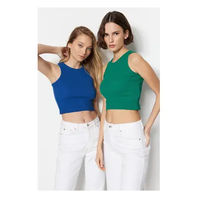 Trendyol Navy Blue-Green 2-Pack Fitted Crop Barbell Neck Ribbed Knitted Undershirt