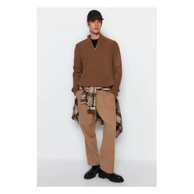 Trendyol Camel Casual Regular Fit Couple/Double Half Turtleneck Zipper Collar Sweater