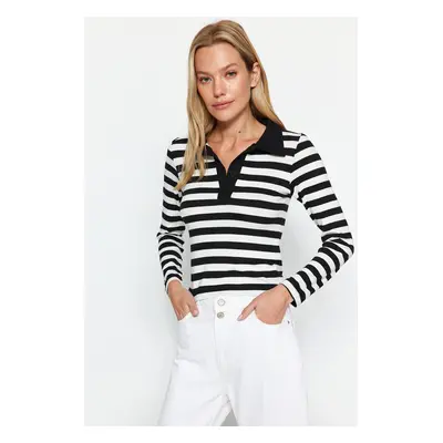 Trendyol Black Striped Soft Fabric Fitted Polo Neck Buttoned Stretchy Knitted Blouse