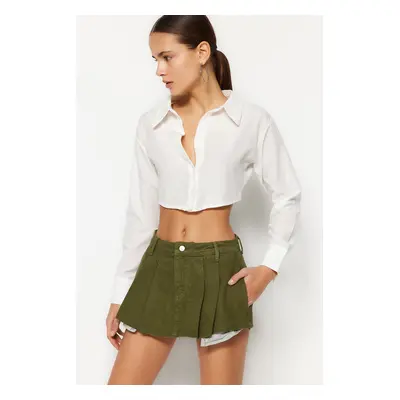 Trendyol Khaki Pleated Mini Denim Shorts Skirt