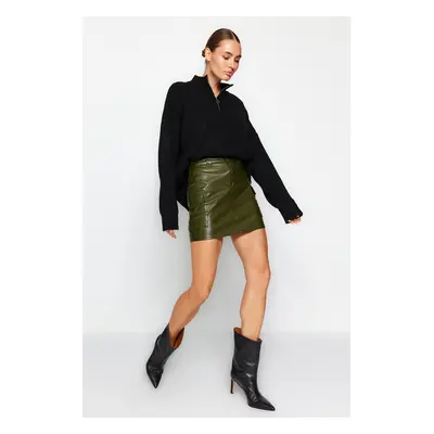 Trendyol Khaki Faux Leather Cargo Pocket High Waist Fitted Mini Knitted Skirt