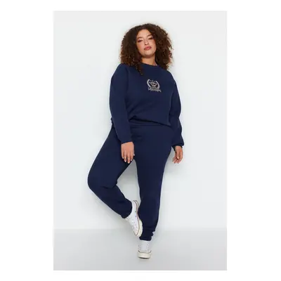 Trendyol Curve Navy Blue Tlusté fleecové pletené tepláky