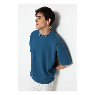 Trendyol Indigo Oversize/Wide Cut Textured Waffle Short Sleeve T-Shirt