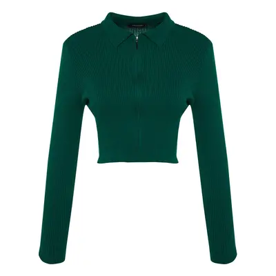 Trendyol Emerald Green Crop Zip Pletený svetr