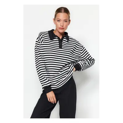 Trendyol Black Striped Polo Neck Thick Fleece Oversize Knitted Sweatshirt