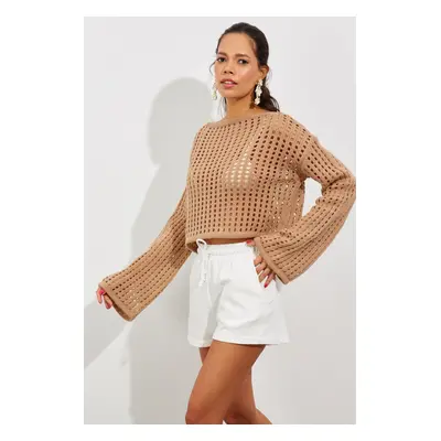 Cool & Sexy Women's Camel Spanish Sleeve Openwork Knitwear Short Blouse