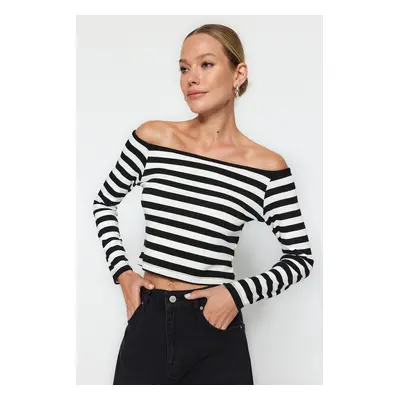 Trendyol Black Striped Carmen Collar Fitted/Slippery Knitted Blouse