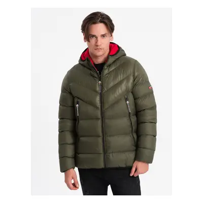 Ombre Men's quilted winter jacket with combined materials - dark olive green