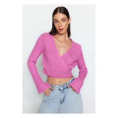 Trendyol Pink Crop Soft Textured Double Breasted Knitwear Sweater