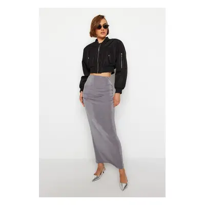 Trendyol Gray Premium with a Glossy Finish and Soft Textured Drape Maxi Knitted Skirt