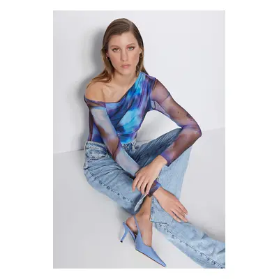 Trendyol Blue Patterned Tulle Back Sheer Transparent Fitted/Sticky Snaps Knitted Bodysuit