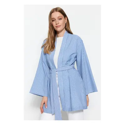 Trendyol modré páskové tkané pruhované kimono a kaftan