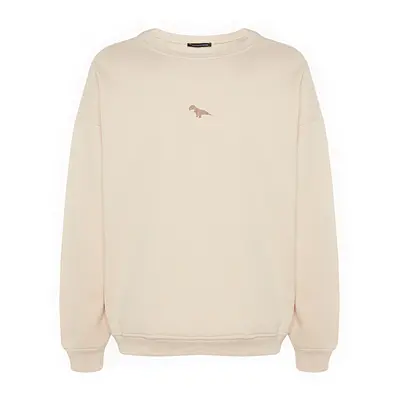 Trendyol Beige Crew Neck Oversize/Wide Cut Fleece Inside/Warm Dinosaur Embroidery Sweatshirt