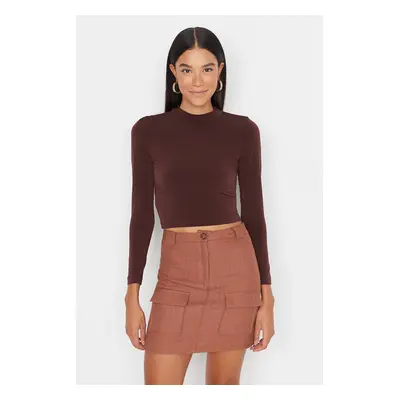 Trendyol Brown High Collar Fitted Long Sleeve Gathered Stretchy Knitted Blouse