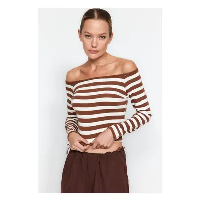 Trendyol Brown With Soft Fabric Striped Carmen Collar Fitted/Slippery Knitted Blouse