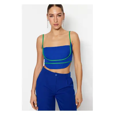 Trendyol modro-zelený crop top s tkaným lemem